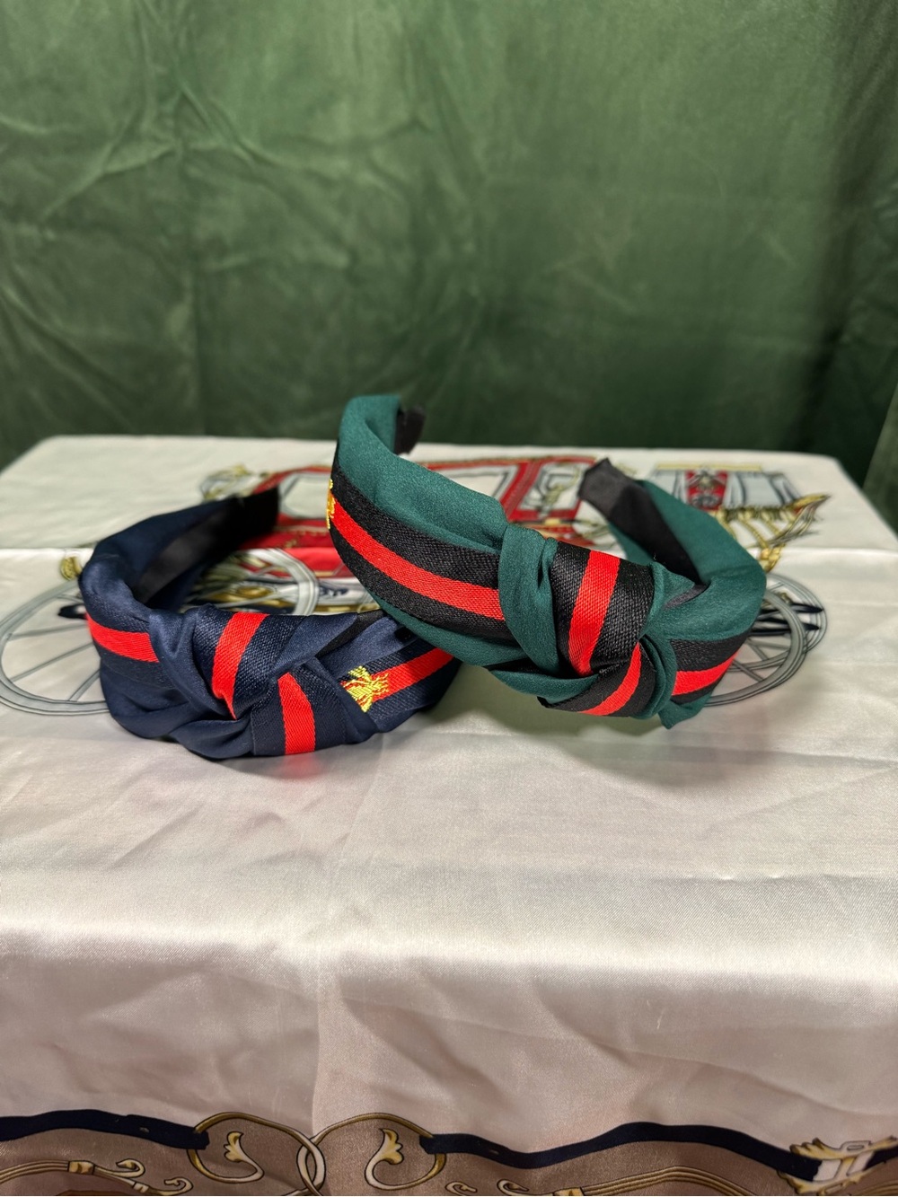 Set of 2 Striped Knot Headbands in Green/Black/Red and Navy/Red